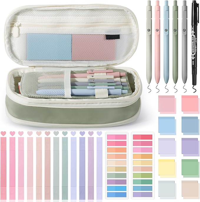 49Pcs Book Annotation Kit - Aesthetic School Supplies with Cute Pen Case Highlighters Gel Pens and Marker, Sheets Transparent Index Tabs Sticky Notes Bible Study Supplies(Green)