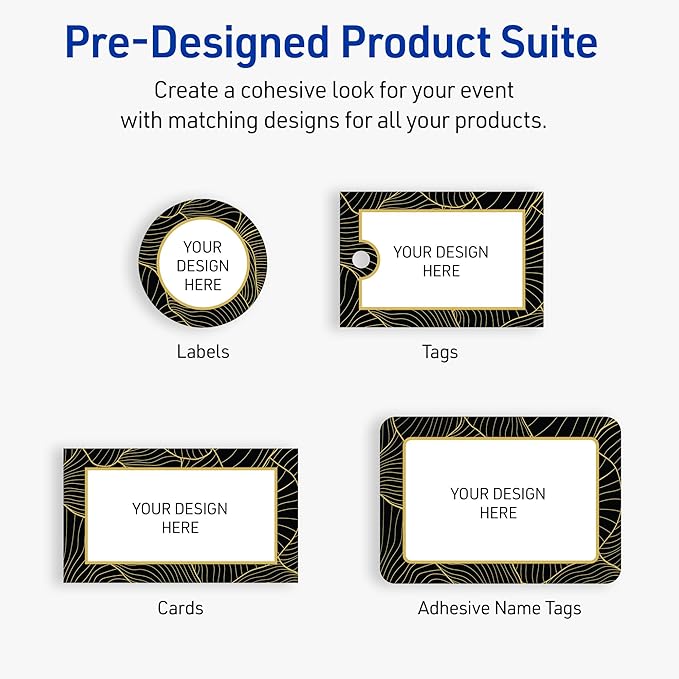 Avery Printable Rectangle Adhesive Name Badges, Pre-Printed Black Border with Gold Pattern, Matte White, 2-1/3" x 3-3/8", Laser & Inkjet Compatible, 80 Total, Great for Branding, Marketing, and Events