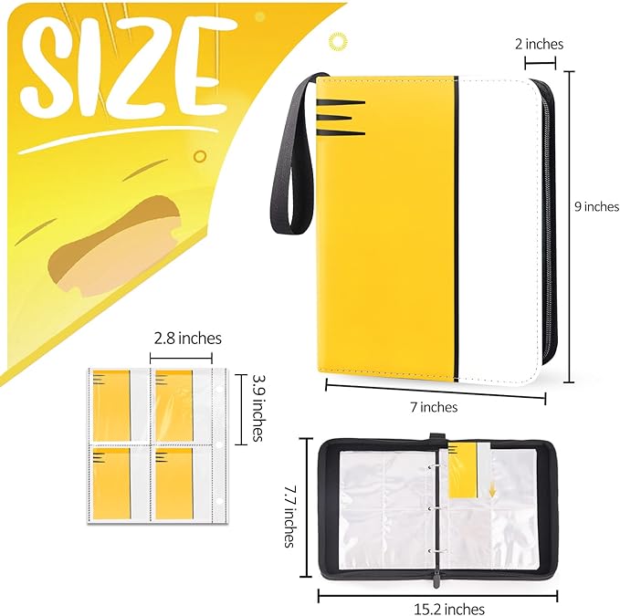 Binder 4 Pocket, Collectible Trading Card Album Fits 400 Cards, 50 Removable Sleeves, Portable Collection Holder, Game Case Book With Zipper for Gifts, Yellow