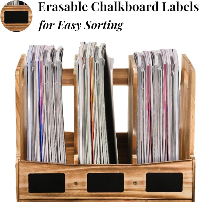 Wooden Desk File Organizer, Desktop Document Folder Holder with 3 Compartments and 1 Drawer, Desk Organizer Binder Rack with Chalkboard Label, Magazine Storage Box Mail Sorter for Office Home