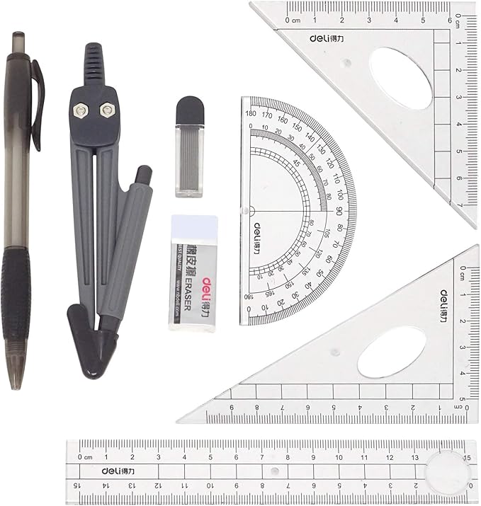 Honbay 8PCS Math Geometry Kit Set for Student and Engineering Drawing - Drawing Compass, 0.7mm Mechanical Pencil, 0.7mm Pencil Lead Refills, Eraser, Protractor, Rulers
