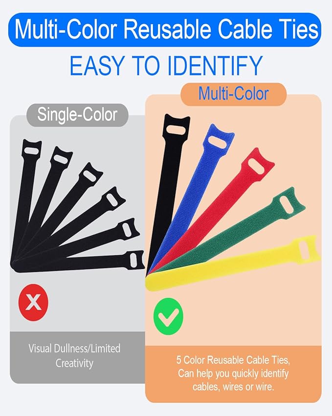 120 Pack Reusable Cable Ties 6 Inch - Adjustable Multi-Color Cord Ties & Cable Straps for Wire Management - Hook and Loop Cord Organizer for Electronics, PC & Desk - Strong Grip Zip Tie Alternative