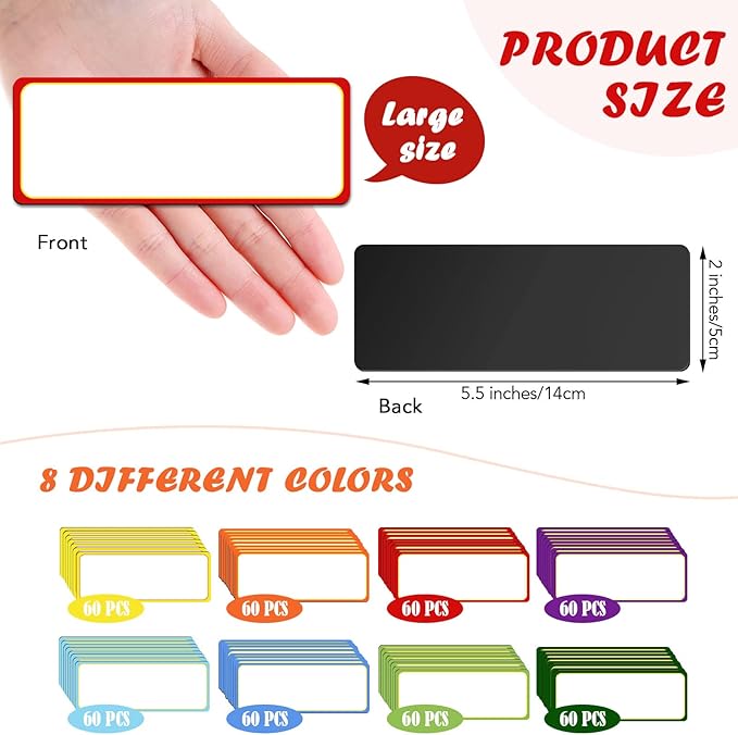 480 Pcs Magnetic Dry Erase Labels Reusable Name Tag Writable Stickers Colored Magnets Magnetic Strips for Whiteboard Rectangle Blank Name Plates for Lockers(Simple Style,5.5 x 2 in)