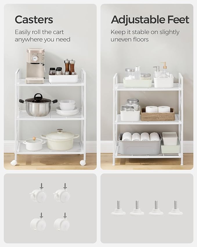 SONGMICS 3-Tier Metal Storage Rack with Wheels, Mesh Shelving Unit with X Side Frames, 23.6-Inch Width, for Entryway, Kitchen, Living Room, Bathroom, Industrial Style, White UBSC163W01