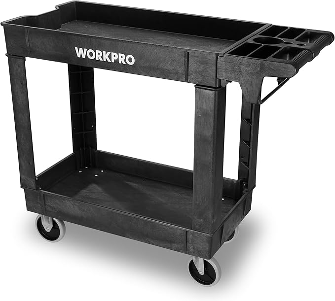 WORKPRO 2-Tier Utility Service Cart, 500 lbs Capacity Rolling Tool Cart with 360° Swivel Locking Casters, 39"x17"x33" PP Plastic Work Cart for Garage, Home, Warehouse