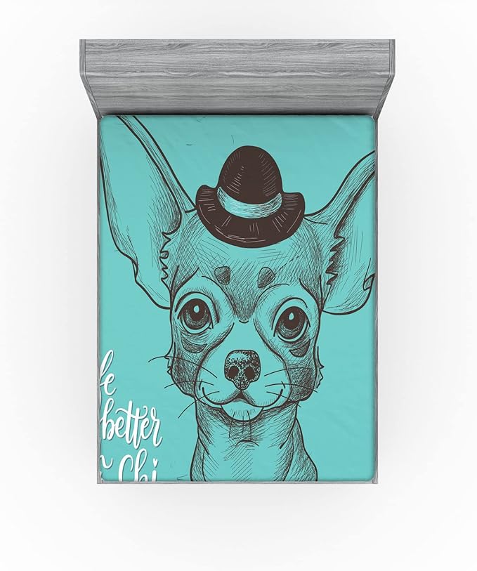 Ambesonne Chihuahua Fitted Sheet, Face Sketch of Dog with Hat and Life is Better with a Chi Words, Bed Cover with All-Round Elastic Deep Pocket for Comfort, Full Size, Seafoam Taupe and White