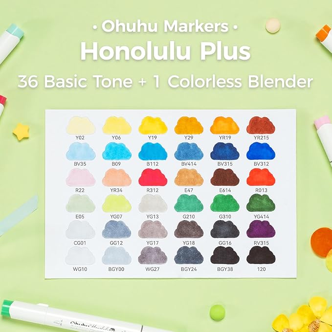Ohuhu Brush Markers 36-color: Supreme Brush& Chisel Dual Tips Alcohol-based Art Marker Set for Artist Adult Coloring Book Illustrations-Honolulu Plus- Refillable