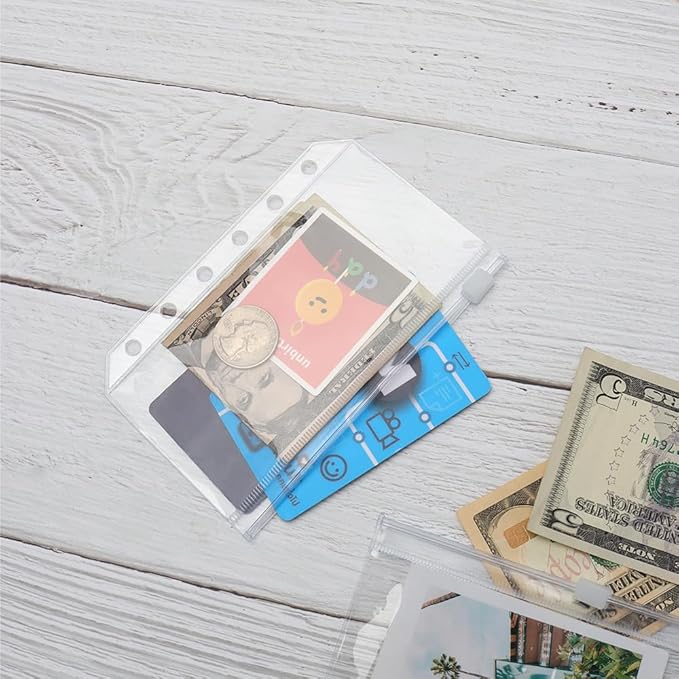 12PCS A7 Clear Zipper Binder Pockets - 6 Holes Pouches Bag for Loose-Leaf Journal Budget Filing