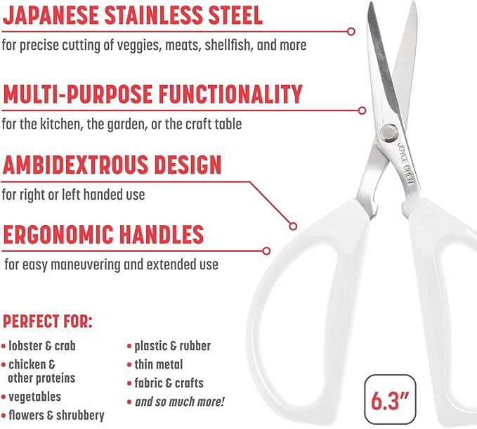 Joyce Chen Original Unlimited Kitchen Scissors All Purpose Kitchen Shears With Comfortable Handles, White, 2 Pack