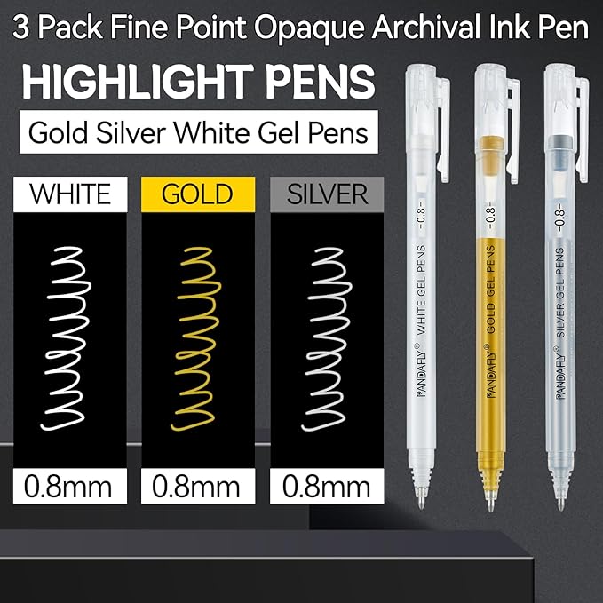 PANDAFLY Gold Silver White Gel Pens, 0.8mm Fine Point Opaque Archival Ink Pen for Journaling, Art, or Drawing - For Artist Gifts, Holiday Gifts & DIY Projects, 3 Pack