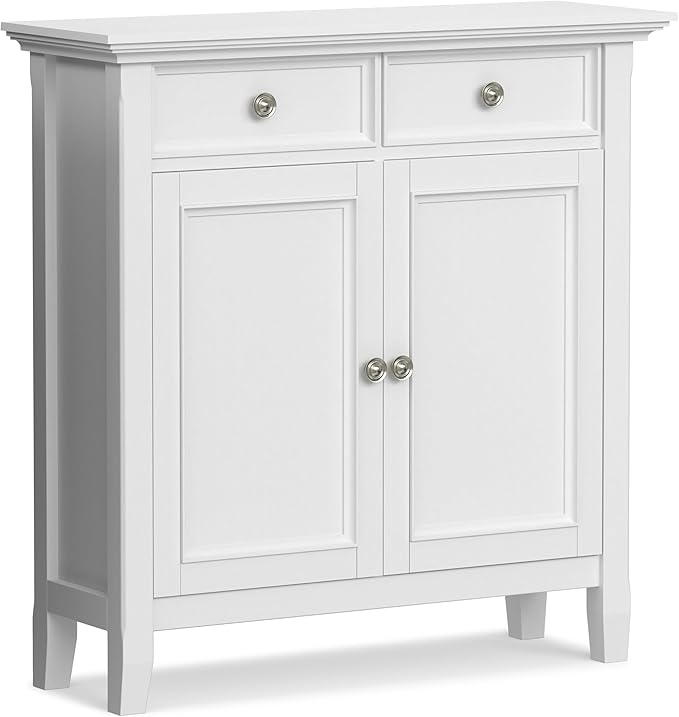SIMPLIHOME Amherst 36-inch Wide Transitional-Style Storage Cabinet in White with Drawers and Adjustable Shelves for Entryway or Living Room