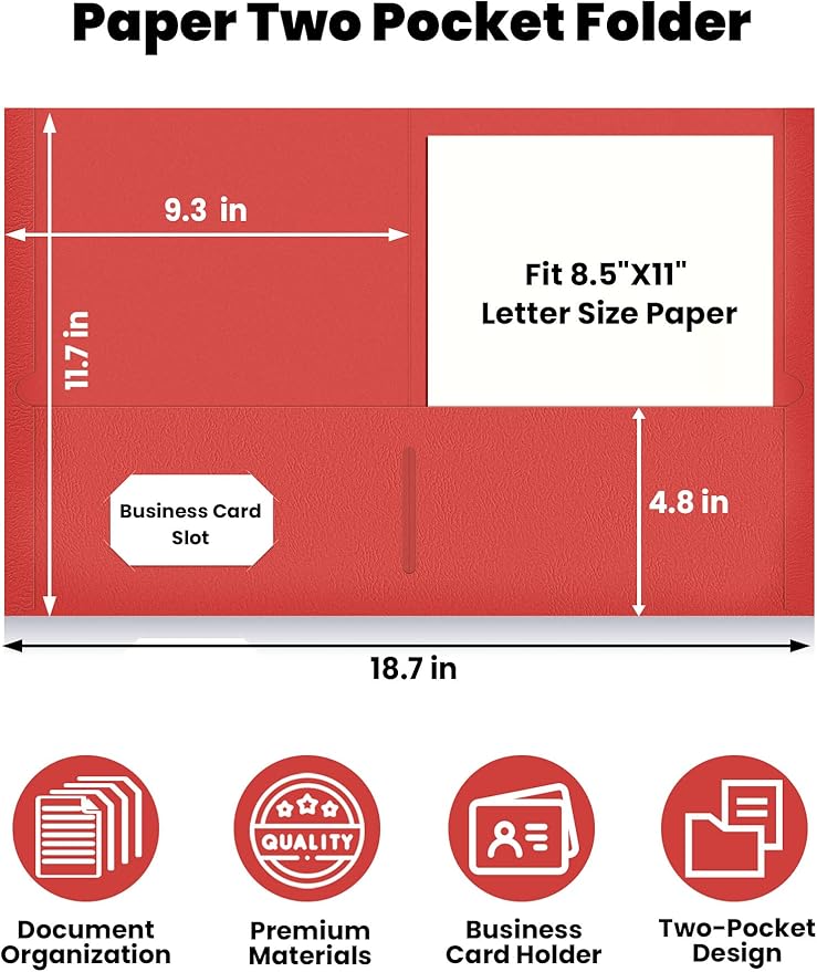 SUNEE Folders with Pockets(25 Pack, Red), 2 Pocket Folders Fit Letter Size Paper, Paper File Folder for School Office Home Business
