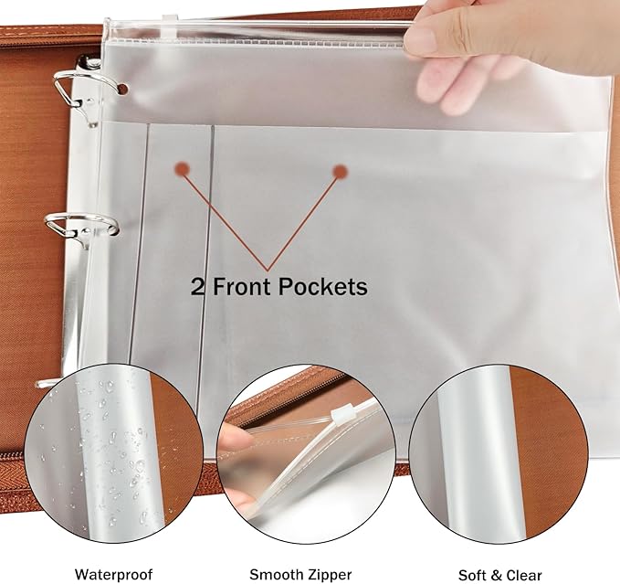 LLi Cufite 3 Rings Check Binder for End-Stub Deskbook Checks, Zipper Business Check Binder, 3 on a Page, Fit 3 & 9 Holes Check Faux Leather (Brown)