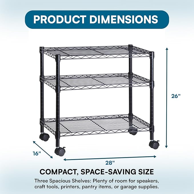 Honey-Can-Do 3-Tier Media Shelf Organizer with Adjustable Shelves, Black Steel Wire Shelving, Storage Rack with Smooth Rolling Locking Casters