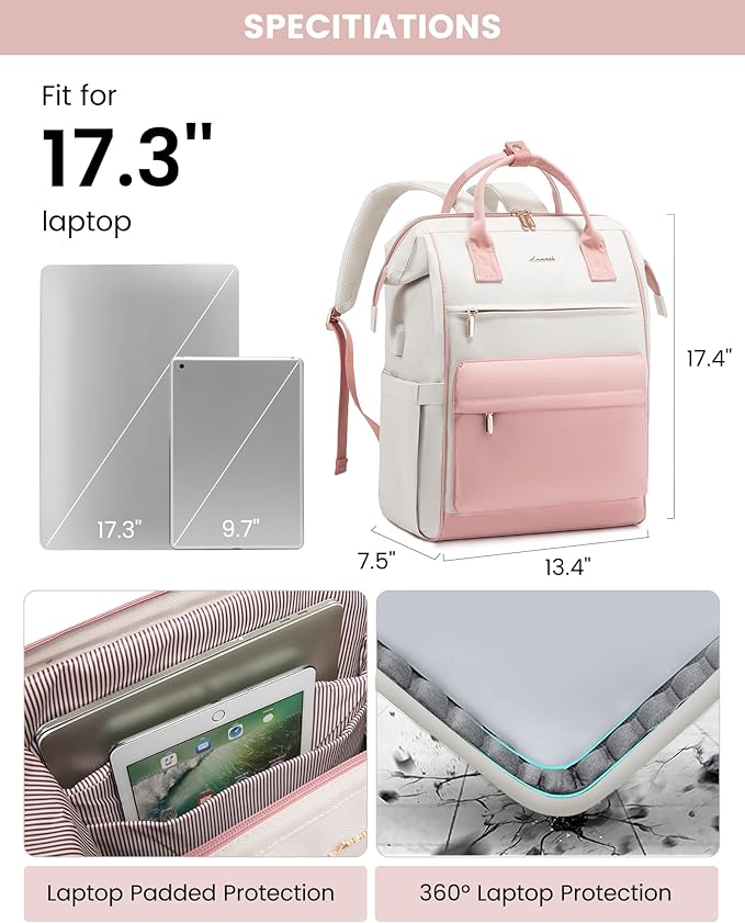 LOVEVOOK Laptop Backpack for Women, 17 Inch Work Teacher Nurse Bag, Large Capacity Business Computer Backpack Purse with USB Port, Stylish Casual Daypack for Travel,Beige&Pink