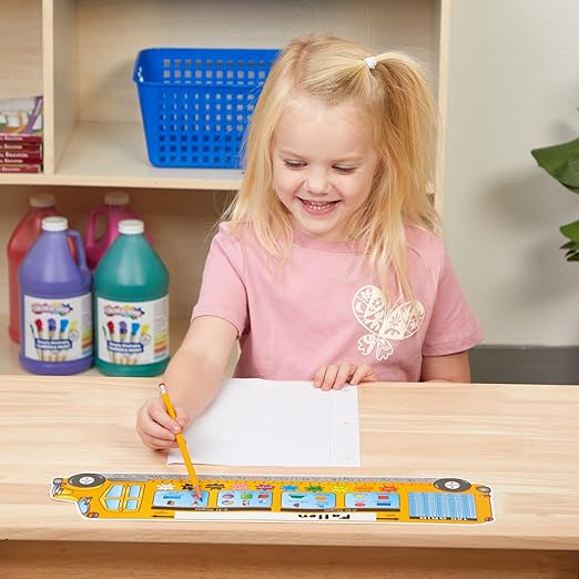 Really Good Stuff 24PK Zaner-Bloser Bus Shaped Self-Adhesive Vinyl Desktop Reference Nameplate with Alphabet, Numbers, 2-D 3-D Shapes, Colors, Left Right Directions, Number Line, 120-Grid