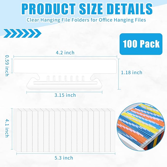 100 Pieces 4 Inch Clear Hanging Folder Tabs Hanging File Folder Tabs Clear Tabs for Hanging File Folders for 3 1/2 Inch Hanging File Folders with Tabs Office Hanging Files