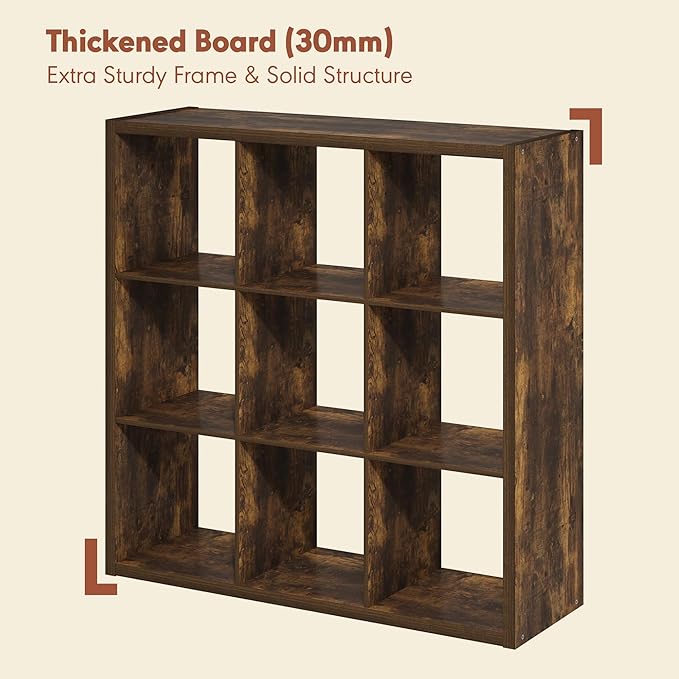 Furinno Cubicle Record Player Stand with Vinyl Storage, 9-Cube 1.2 Extra Thick Vinyl Record Storage, Open Back Media Shelf for CD DVD Blueray Game Disc, for Living Room, Home Office, Amber Pine