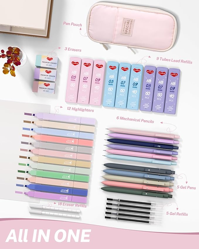 43PCS Aesthetic School Supplies with Pen Case, 5 Black Ink Gel Pens, 12 Pastel Highlighters, 6 Mechanical Pencil Set 0.5 & 0.7 & 0.9 mm, Back To School Supplies for Students Stationary