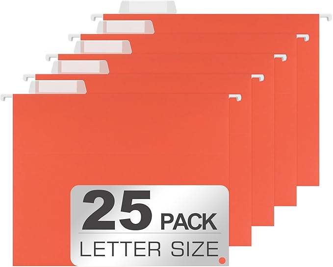 25 Packs Hanging File Folders,Bright Orange Hanging File Folders Letter Size,Hanging Folders with 1/5-cut Tabs,Hanging Folders for Filing Cabinets, File Organizer Folder for Office,School,Home