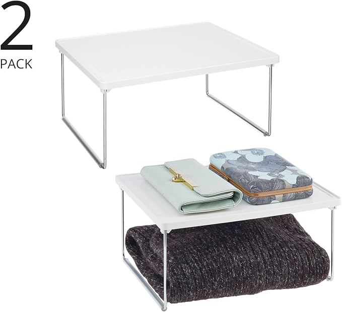 mDesign Metal Stacking Storage Organization for Shelves Inside Closet in Bedroom, Bathroom, Hall, or Entryway - Organizer Stand for Clothing, Linen, Household Items, Ligne Collection, 2 Pack, White