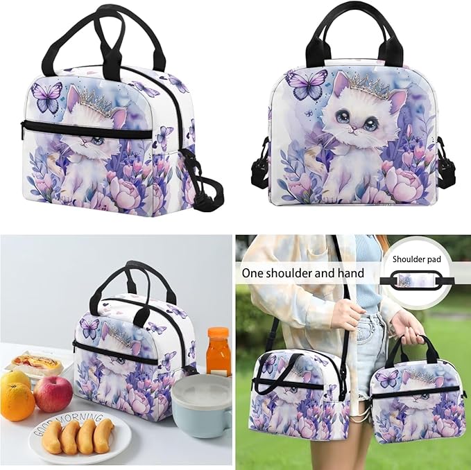 Cat Flower Kids Backpack Set for Girls, Large Lightweight Kids School Backpack Set with Lunch Bag Cute Pencil Case, Girls Bookbag Back to School Supplies, Purple and White
