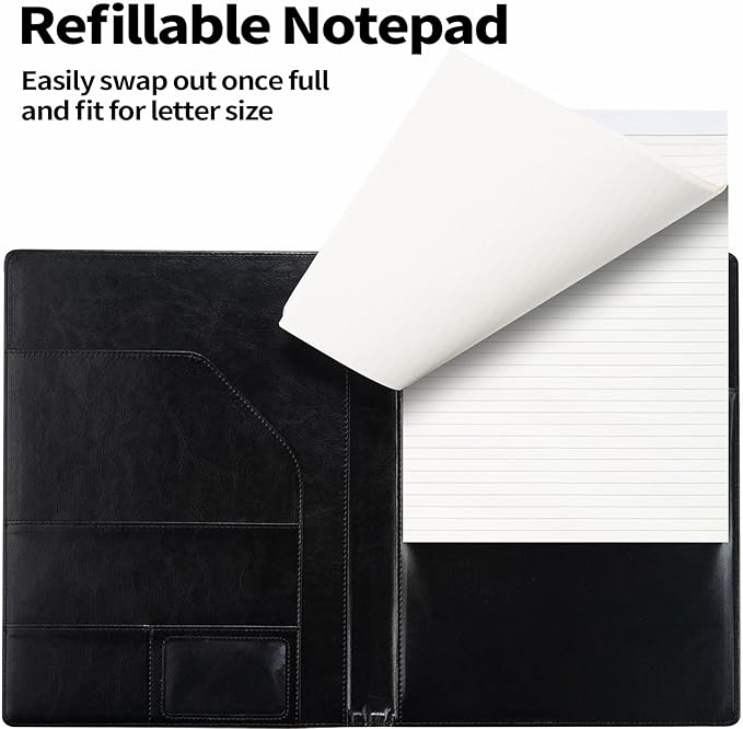 Sooez Padfolio Clipboard, Portfolio Organizer with Notepad, Premium PU Leather Clipboard Folder for Legal Pad, Versatile Clipfolio with Storage, Letter Size Document Holder for School Office Navy Blue