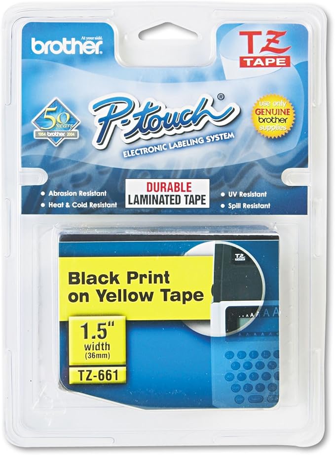 Brother Genuine P-Touch TZE-661 Tape, 1 1/2" (36 mm) Standard Laminated P-Touch Tape, Black on Yellow, for Indoor or Outdoor Use, Water-Resistant, 26.2 ft (8 m), Single-Pack