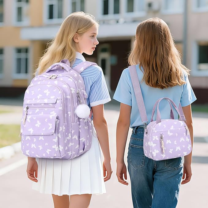 Bevalsa Backpack for Gilrs, 3PCS Corduroy Kids Backpack Set with Lunch Box & Pencil Pouch, Bookbag Daypack Laptop Bag for Women Teens Elementary Middle High School