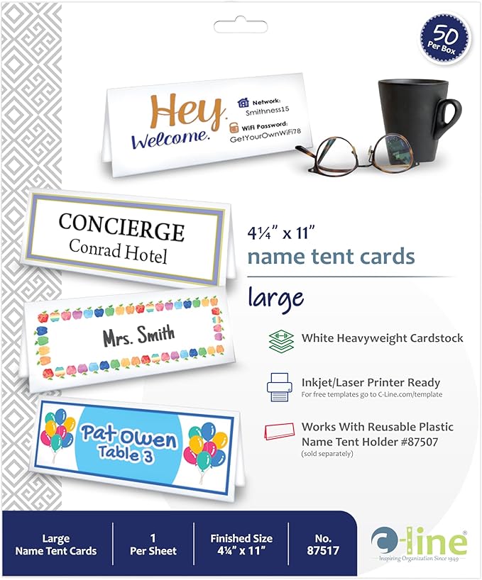 "C-Line Printer-Ready Scored Name Tent Cards, 11 x 4-1/4 Inches (Folded Size), 8-1/2"" x 11"" White Cardstock Sheets, Box of 50 (87517)", large