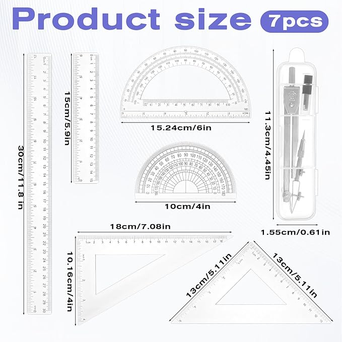 7PCS Geometry Math Set Plastic Clear 45/60 Degree Triangle Ruler 12 and 6 Inch Math Ruler 4 and 6 Inch Protractor and Compass Set with Box Measuring Tools for Students Teachers Office Supplies