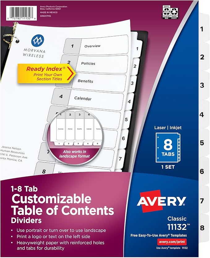 Avery Dividers for 3 Ring Binders, 8 Tabs per Set, Customizable Table of Contents, Classic White Tabs, Great for Organizing Reports, Projects, and More (11132)