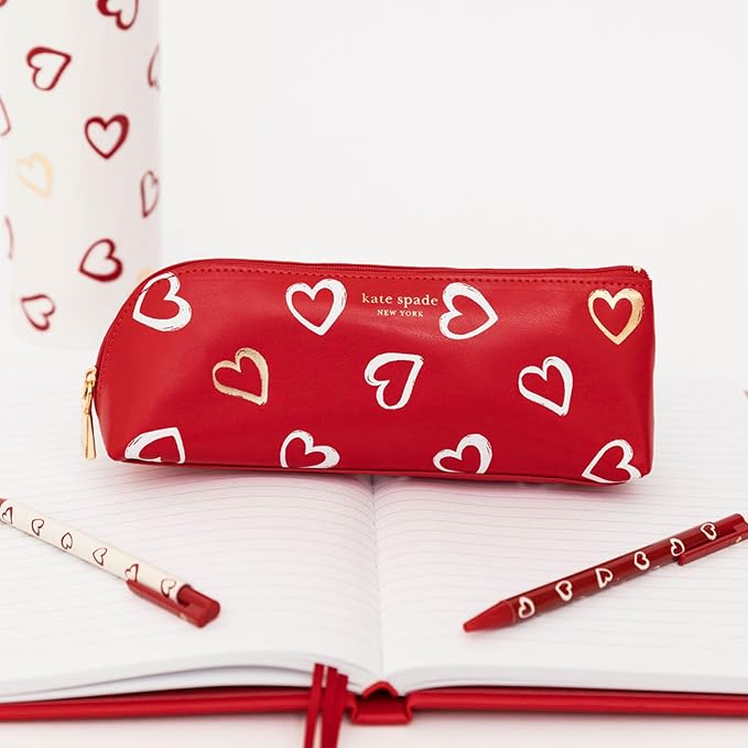 kate spade new york Pen and Pencil Case with Office Supplies for Adults, Zip Pouch Includes 2 Pencils, Sharpener, Eraser, and Ruler, Brushstroke Hearts