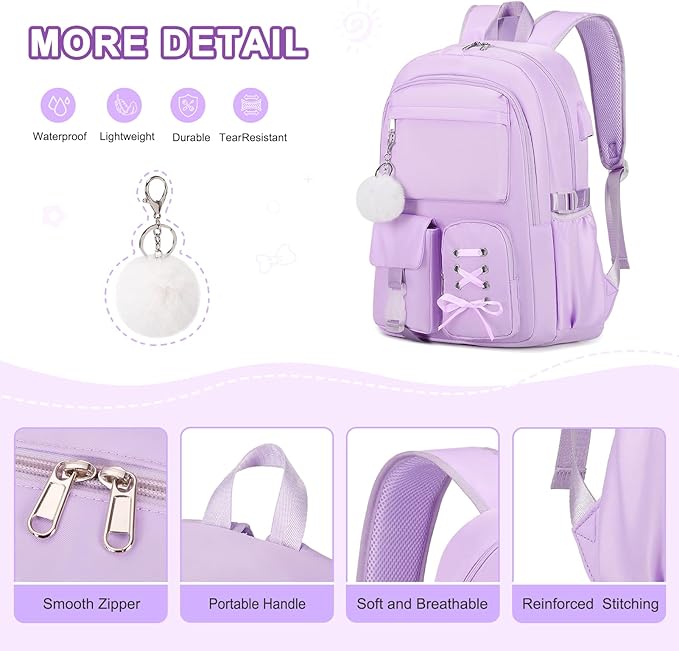 Backpacks for Girls, Girls Backpack with Lunch Box & Pencil Pouch for Teens Girl Kids Elementary Middle High School College Student Bookbag Daypack Laptop Travel Backpack for Women (Purple)