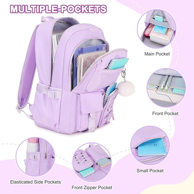 Backpacks for Girls, Girls Backpack with Lunch Box & Pencil Pouch for Teens Girl Kids Elementary Middle High School College Student Bookbag Daypack Laptop Travel Backpack for Women (Purple)