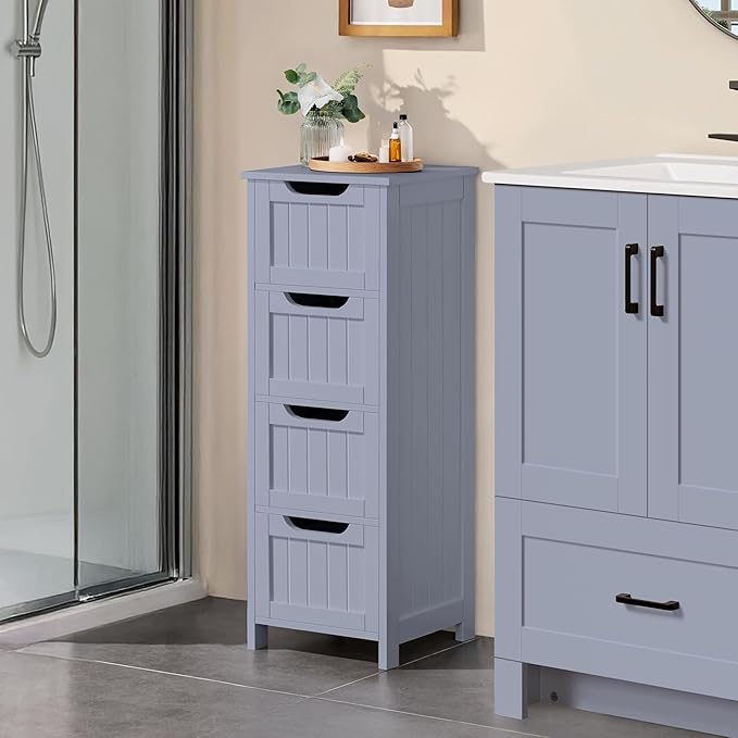 Yaheetech Bathroom Floor Cabinet, Wooden Side Storage Organizer, 4 Drawers Free-Standing Cabinet for Bathroom/Hallway/Living Room, Gray