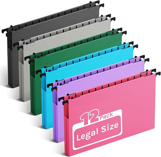 Ansook Plastic Legal Size Hanging File Folders,12 Pack Extra Capacity File Folders Hanging with Tabs,Heavy Duty 1" Expandable Legal Filing Cabinet Folders,File Frame Hanging File Organizer