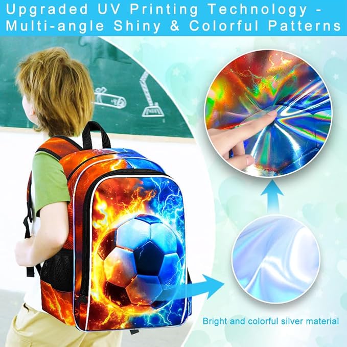 gxtvo 3PCS Soccer Backpack for Kids, 17" Boys Bookbag with Lunch Box, Water Resistant Middle Elementary School Bag - Fire & Lightning Soccer