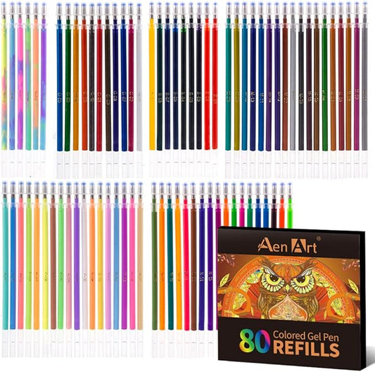 Aen Art Gel Pens Refills for Adult Coloring Books, 80 Unique Colors, 40% More Ink Colored Gel Pens Set