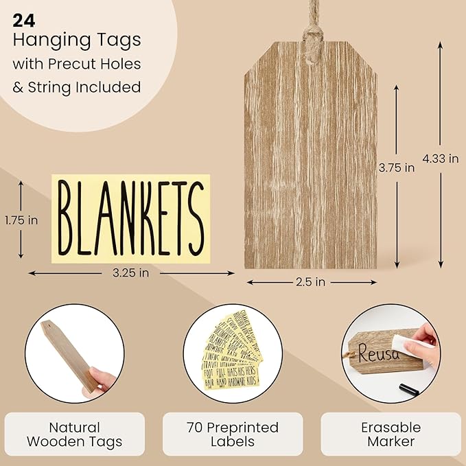 Talented Kitchen Wooden Hanging Basket Tags - Rustic Hanging Jar Labels with Strings - Tie-On Labels for Baskets in Kitchen - Wood Grain Tags for Bins - Natural Wood, Pack of 24, 4.33"x 2.5"