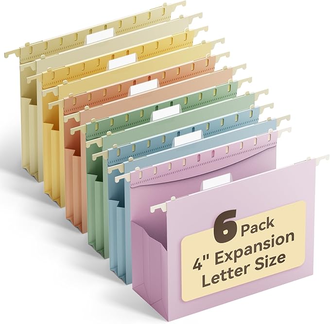 Ansook Extra Capacity Hanging File Folders Letter Size,Heavy Duty 4" Expandanle Pastel Hang Folders,6 Pack Plastic File Cabniet Folder Hanging with Tabs,Hanging File Frame Organizer