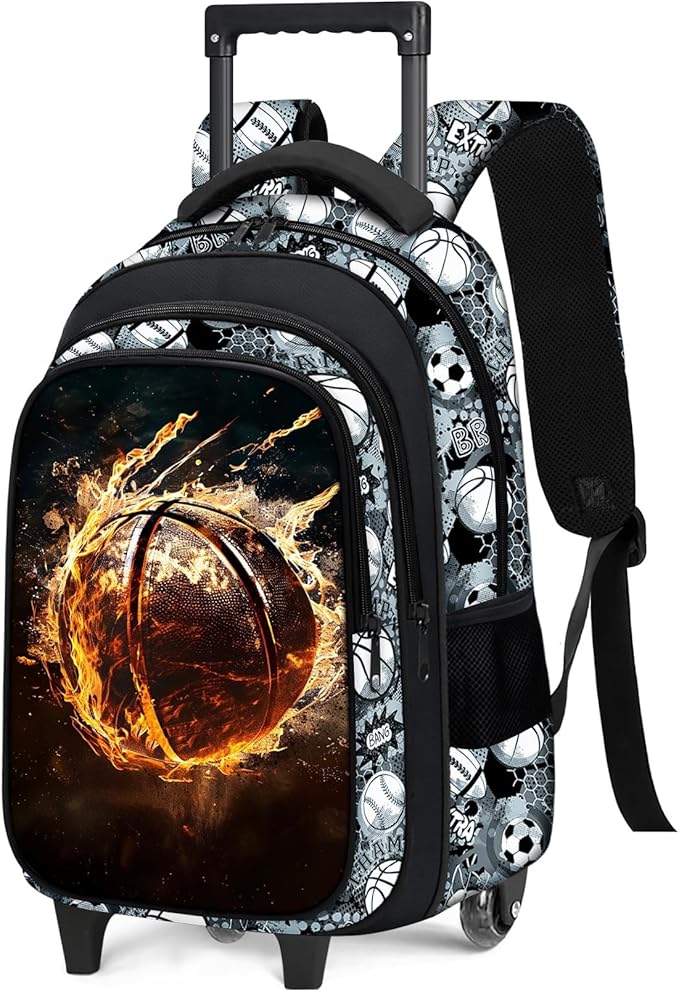 Boys Rolling Backpack for Kids - Basketball Kids Rolling Backpack with Wheels for Elementary Middle School Students - Sport Roller School Bookbag Aged 6-18, Wheeled Travel Bag Large Capacity