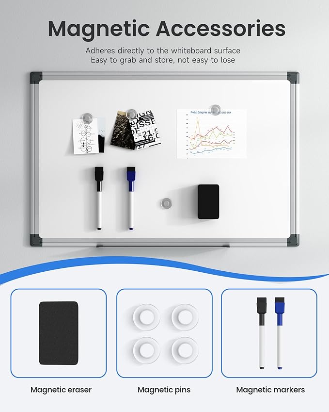 Magnetic White Board Hanging 18" x 12" for Wall, Small Dry Erase Board for Kids, Kitchen, Office, Includes 1 Eraser, 2 Markers, 4 Magnets, Pen Tray, Silver Aluminum Frame
