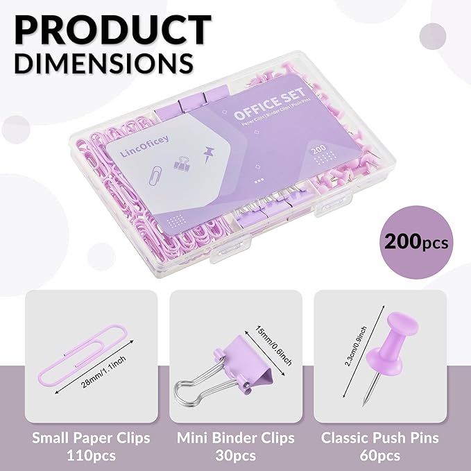 200pcs Paper Clips Binder Clips and Push Pins Set, Mini Clips and Thumb Tacks for Multipurpose Document Organization (Purple)