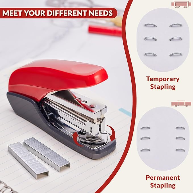 NEEWAY Effortless Stapler 25 Sheets Capacity, Jam Free, 4 in 1 Office Supplies Set with Staple Remover, 100pcs Paper Clips and 1000 Staples for Desk, Home (Red