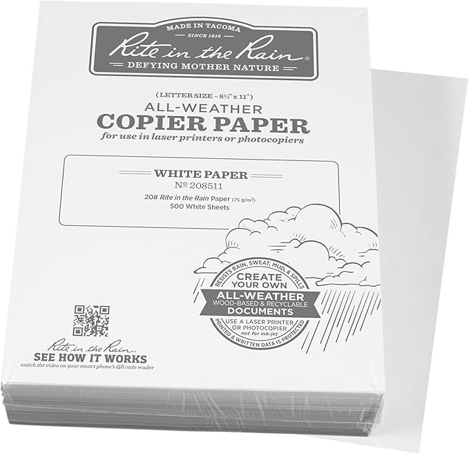 Rite in the Rain Weatherproof Bulk Copier Paper, 8.5" x 11", 20# White, 500 Sheet Pack (No. 208511X)