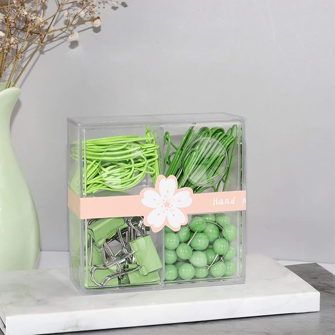 Cute Thumb Tacks Paper Clip Binder Clips Push Pins Set Assorted Size Metal Clips in Plastic Holder Decorative Desk Accessorries (Green)