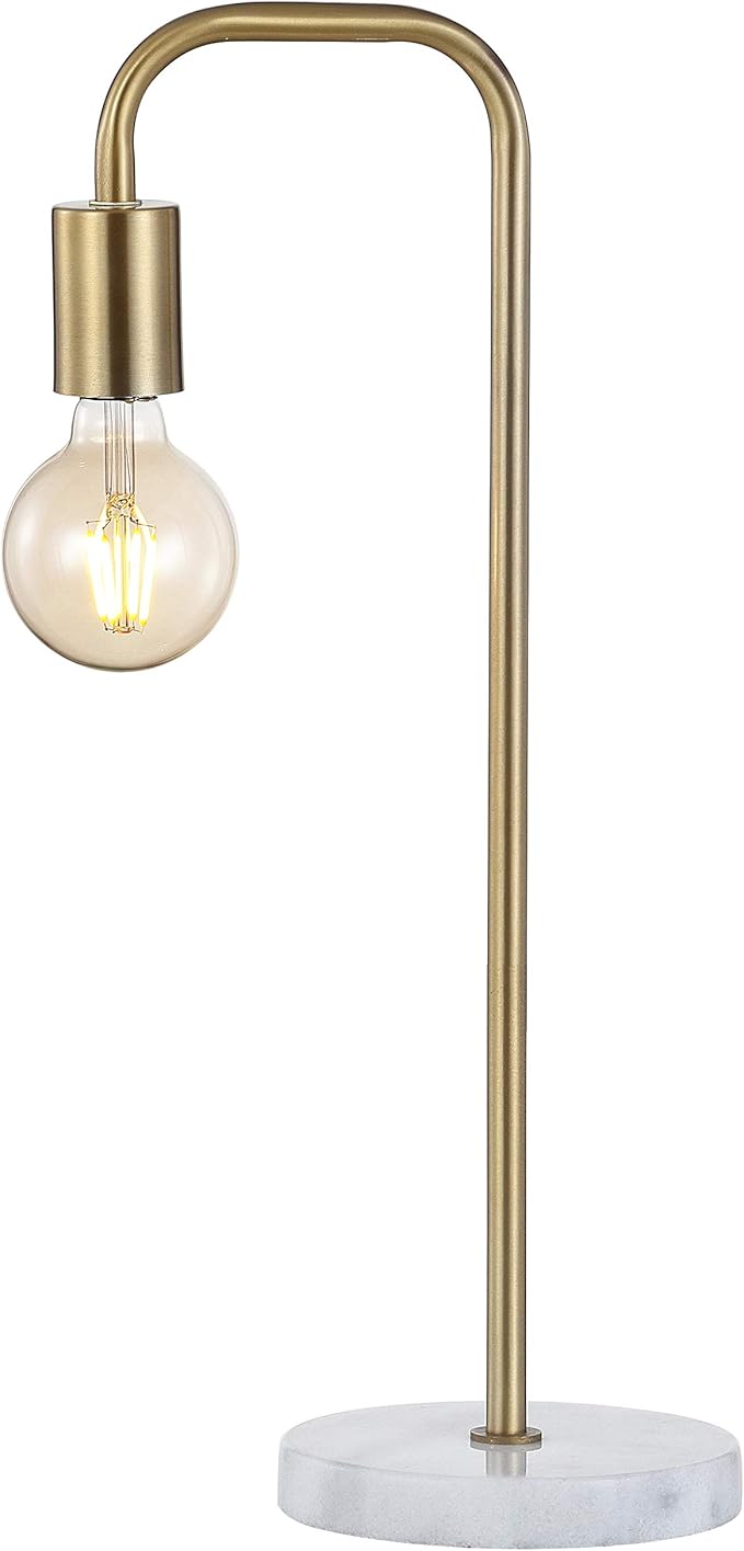 JONATHAN Y 20.5" Brass Gold Minimalist Glam Metal and Marble LED Table Lamp, Modern Industrial Pipe Desk Lamp for Bedroom Office Nightstand, White Marble Base, LED Bulb Included JYL1094A