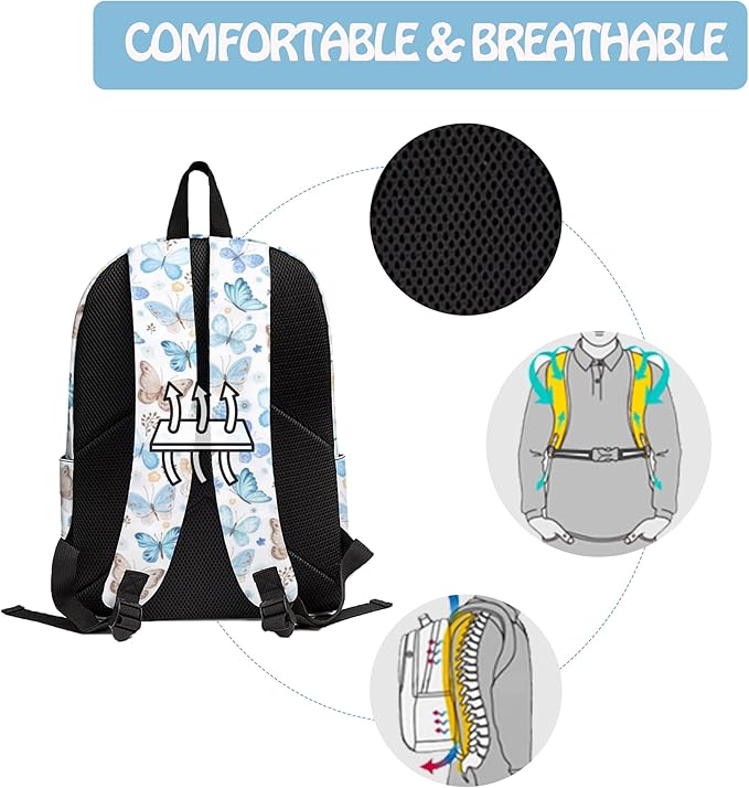 Butterfly 3PCS Backpack Set for Teens Elementary Middle High School, 17 Inch Lightweight Classic Bookpack 3 in 1 Set for Girls Boys, Kids Back to School Backpack with Lunch Box Pencil Case