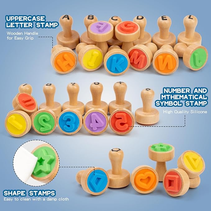 Alphabet Number Stamps for Kids, Wooden ABC Spelling Letter Stampers Set with Flashcard Mathematics Learning Number Stampers Arts & Crafts Supplies, Montessori Toy Gifts for 3 4 5 Year Old